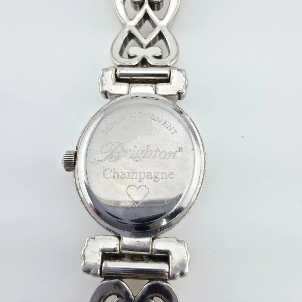 BRIGHTON 'Champagne' Watch Black Leather Band Scrollwork Gold Silver Plate 7.25